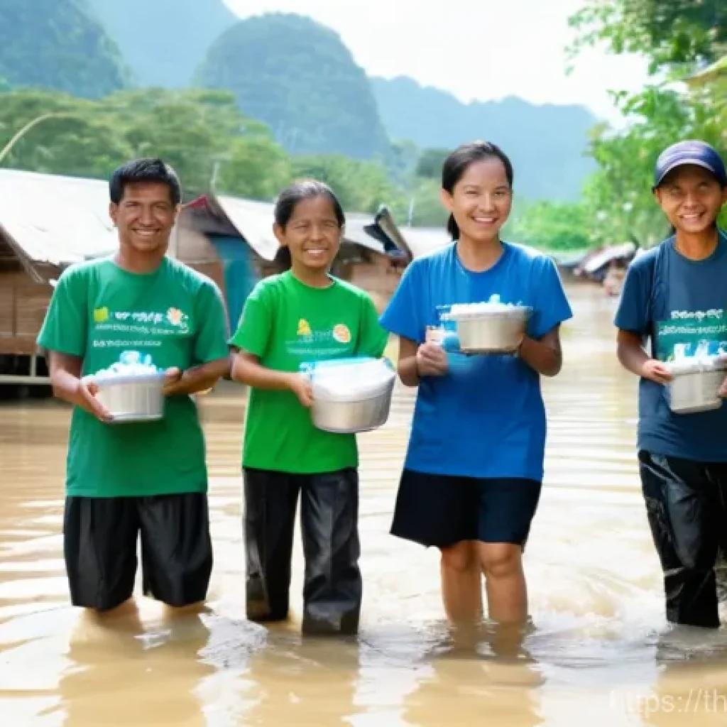 집단지성을 통한 위기 대응 전략 - **Prompt:** "A heartwarming and resilient scene of a diverse group of Thai volunteers, including men...