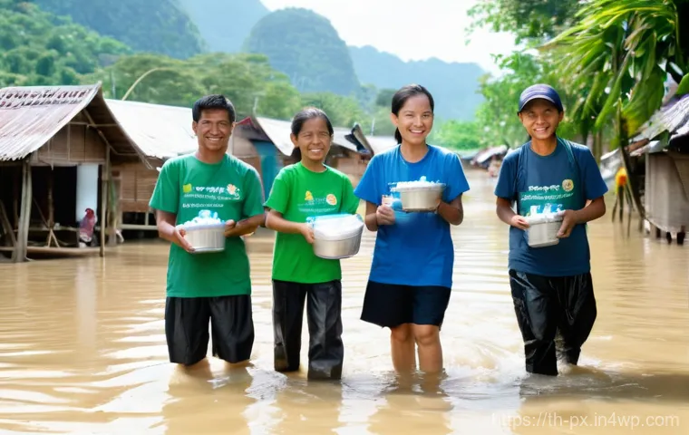 집단지성을 통한 위기 대응 전략 - **Prompt:** "A heartwarming and resilient scene of a diverse group of Thai volunteers, including men...