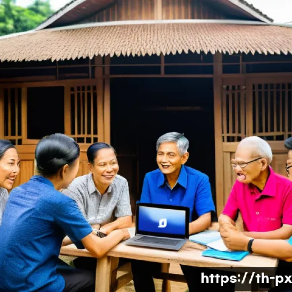 집단지성을 활용한 프로젝트 사례 - A vibrant digital community meeting scene in a rural Thai village, showing diverse local residents i...