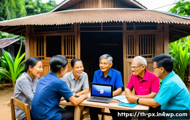 집단지성을 활용한 프로젝트 사례 - A vibrant digital community meeting scene in a rural Thai village, showing diverse local residents i...