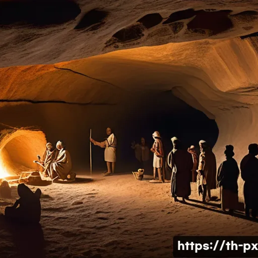 집단지성의 역사적 발전 과정 - An ancient prehistoric community scene showing people in simple clothing and animal-hide tunics, col...