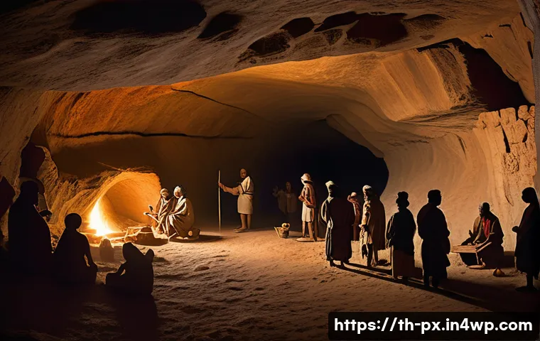 집단지성의 역사적 발전 과정 - An ancient prehistoric community scene showing people in simple clothing and animal-hide tunics, col...