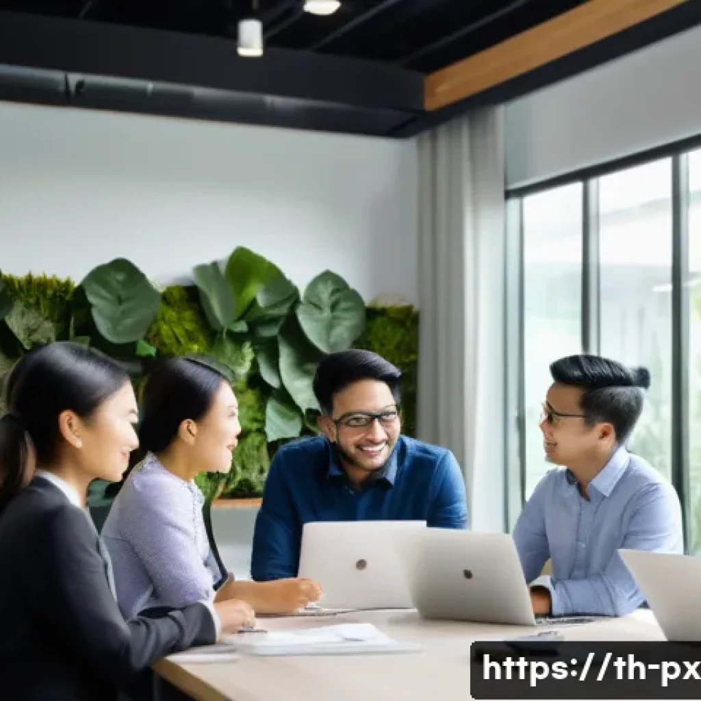집단지성과 리더십의 관계 - A diverse team of professional adults in a modern Thai office setting, engaged in a collaborative br...