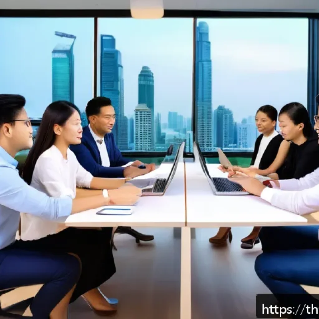 집단지성의 개념적 재정의 - A diverse corporate team collaborating around a large conference table in a modern Bangkok office, f...