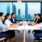 Home 22 집단지성의 개념적 재정의 - A diverse corporate team collaborating around a large conference table in a modern Bangkok office, f...