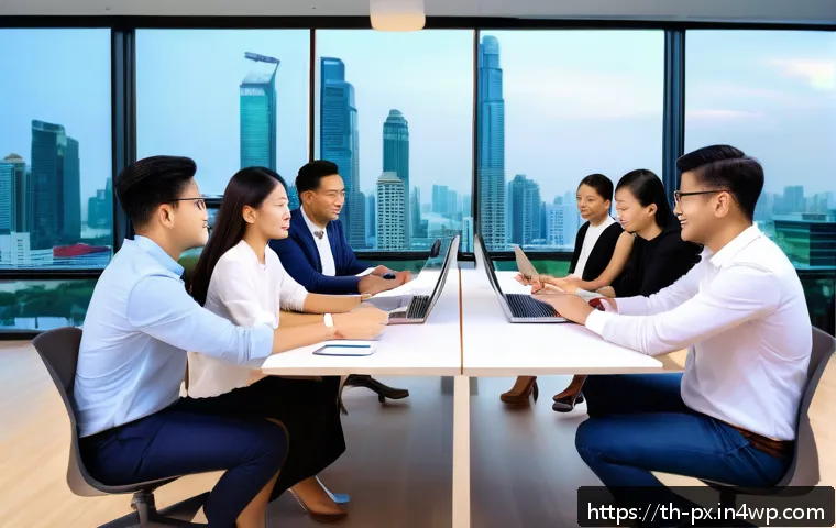 집단지성의 개념적 재정의 - A diverse corporate team collaborating around a large conference table in a modern Bangkok office, f...