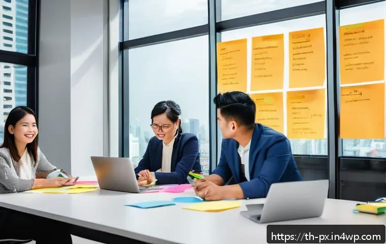 집단지성의 글로벌 사례 분석 - A vibrant modern office scene in Bangkok with a diverse team of Thai professionals collaborating aro...