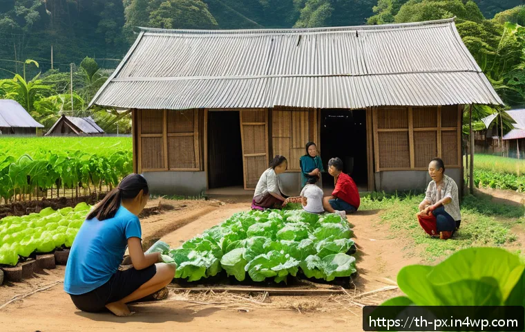 집단지성을 통한 정책 개선 사례 - A vibrant rural Thai community engaging in a sustainable agriculture workshop outdoors, with diverse...
