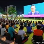 Home 23 집단지성과 공공 정책의 연계성 - A vibrant community town hall meeting in a modern Bangkok neighborhood, showing diverse Thai citizen...