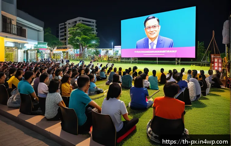 집단지성과 공공 정책의 연계성 - A vibrant community town hall meeting in a modern Bangkok neighborhood, showing diverse Thai citizen...
