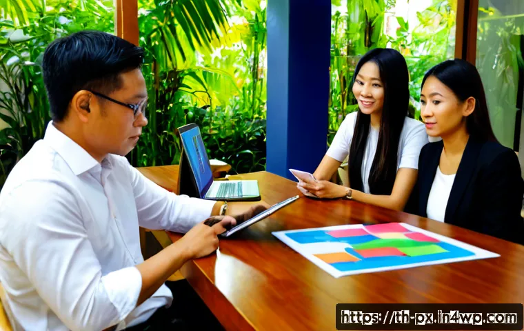 Home 17 집단지성과 데이터 분석의 만남 - Photorealistic modern Bangkok coworking space, diverse Thai professionals and a senior advisor seate...